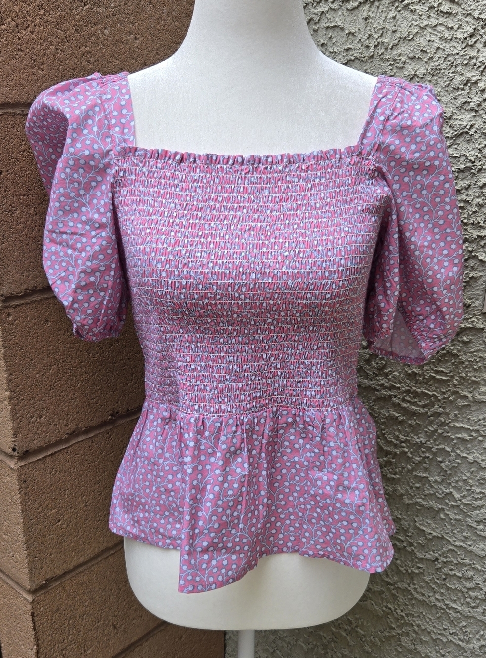 French Connection Smocked Square-Neck Pink Peplum Top